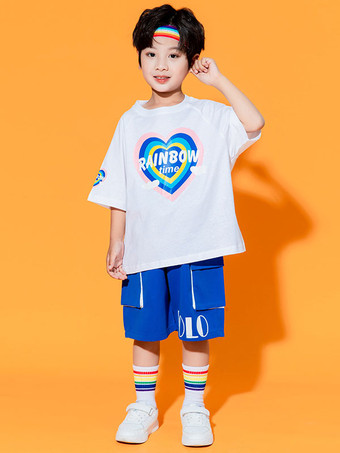 ホワイト ヒップホップ ダンス衣装 子供 ブルー メンズ ダンサー トップ パンツ セット ポリエステル ストリート ダンス衣装