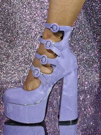 ピンク ハイヒール プラットフォーム バックル ディテール カットアウト ブロック ヒール ブーティ