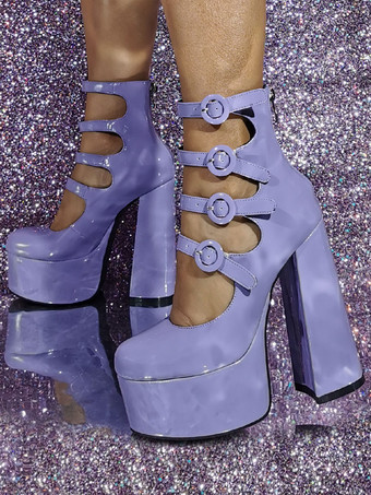 ラベンダーカラーピンク ハイヒール プラットフォーム バックル ディテール カットアウト ブロック ヒール ブーティ