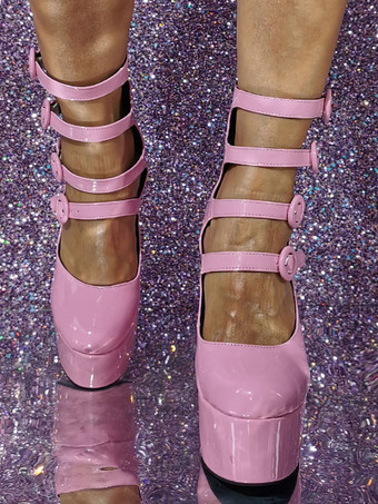 ピンク ハイヒール プラットフォーム バックル ディテール カットアウト ブロック ヒール ブーティ