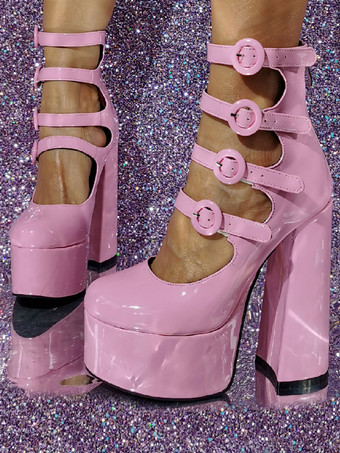 ライトピンクピンク ハイヒール プラットフォーム バックル ディテール カットアウト ブロック ヒール ブーティ