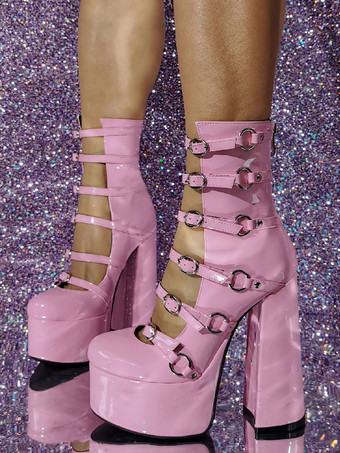 Pinl セクシーなハイヒール ブーティ プラットフォーム バックル ディテール ブロック ヒール