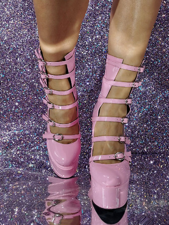 Pinl セクシーなハイヒール ブーティ プラットフォーム バックル ディテール ブロック ヒール