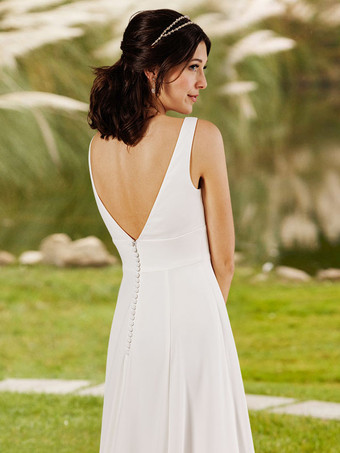 シンプルなウェディングドレス A ライン V ネック ノースリーブ ボタン ブライダル ドレス