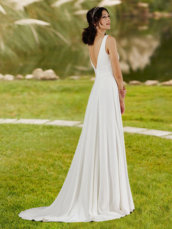 シンプルなウェディングドレス A ライン V ネック ノースリーブ ボタン ブライダル ドレス