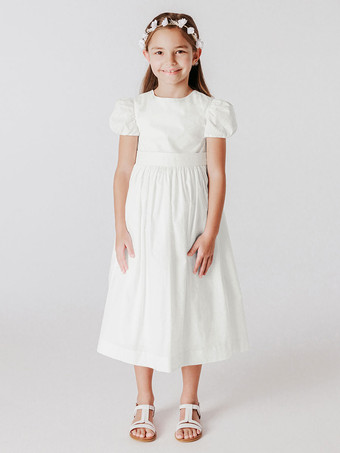 アイボリー半袖フォーマルパーティードレス結婚式かわいいフラワーガールドレス