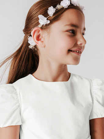 アイボリー半袖フォーマルパーティードレス結婚式かわいいフラワーガールドレス