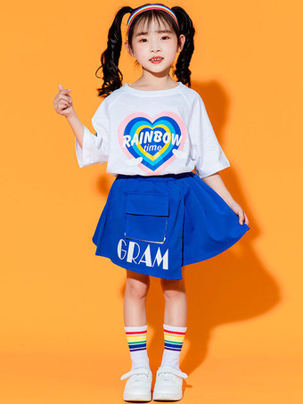 ホワイト ヒップホップ ダンス衣装子供用ブルー女性ダンサー スカート トップ セット ポリエステル ストリート ダンス衣装