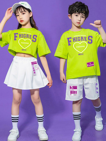 ヒップホップ ダンス衣装子供用グリーン女性ダンサー スカート トップ セット ポリエステル ストリート ダンス衣装