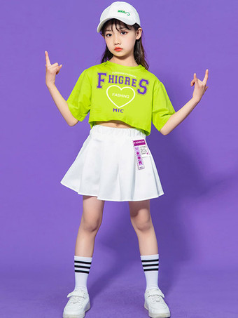 ヒップホップ ダンス衣装子供用グリーン女性ダンサー スカート トップ セット ポリエステル ストリート ダンス衣装