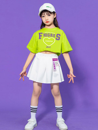 ヒップホップ ダンス衣装子供用グリーン女性ダンサー スカート トップ セット ポリエステル ストリート ダンス衣装