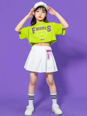 グリーン ヒップホップ ダンス衣装子供用グリーン女性ダンサー スカート トップ セット ポリエステル ストリート ダンス衣装
