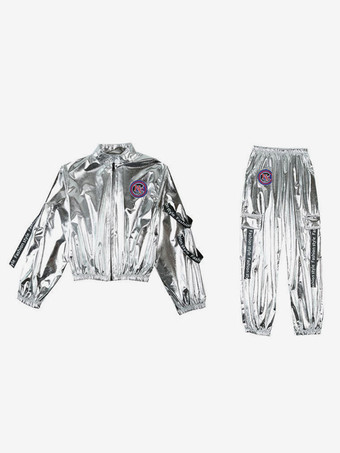 ヒップホップダンス衣装子供用シルバーメンズダンサートップパンツセットヒップホップポリエステルストリートダンス衣装