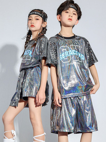 シルバー ジャズダンス衣装メンズポリエステルトップパンツダンスウェア