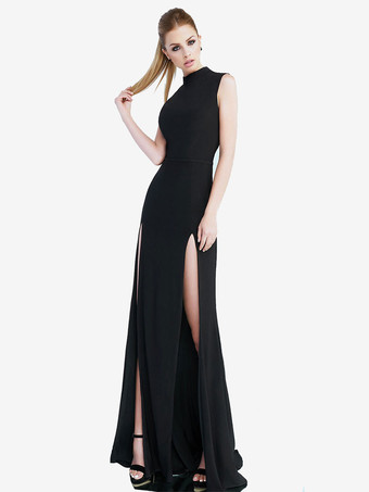 ブラック プロム マキシ ドレス レッド ジュエル ネック ノースリーブ ハイスリット セミフォーマル ドレス