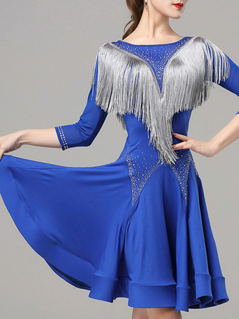 ラテンダンスドレス ロイヤルブルー レディース ライクラスパンデックス ドレス エレガント フリンジ ラテンダンサー ダンスウェア