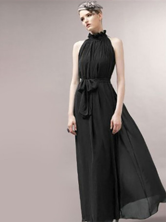 ブラック ホルター サンドレス ジュエル ネック レースアップ シフォン ビーチ プロム マキシ ドレス