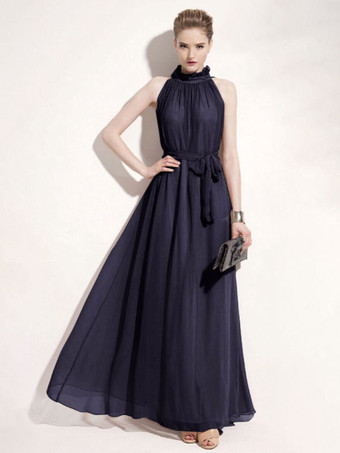 ダークネイビーホルター サンドレス ジュエル ネック レースアップ シフォン ビーチ プロム マキシ ドレス