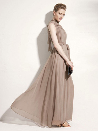 ホルター サンドレス ジュエル ネック レースアップ シフォン ビーチ プロム マキシ ドレス