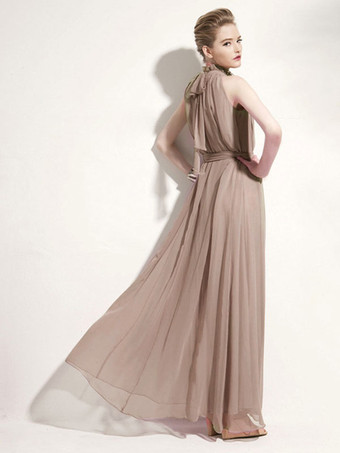 ホルター サンドレス ジュエル ネック レースアップ シフォン ビーチ プロム マキシ ドレス