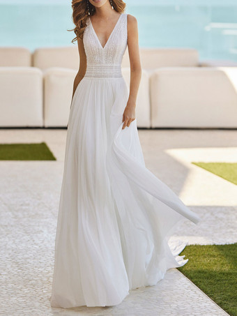 Simple Wedding Dress Lace V-Neck Sleeveless A-Line Bridal Dresses Free Customization