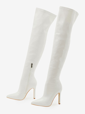 ホワイト レディース スティレットヒール パテントレザー オーバーザニーブーツ