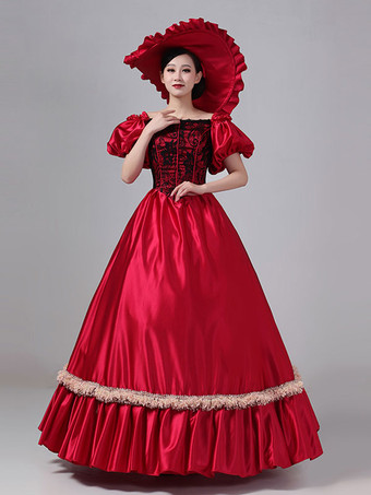 ブルゴーニュ レトロ コスチューム レース ポリエステル ドレス マリー アントワネット コスチューム 女性用 ロイヤル チュニック ヴィンテージ服 バーガンディ