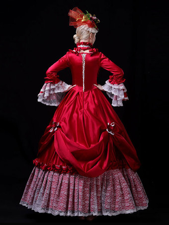 レッドレトロコスチュームレースポリエステルドレス女性のヴィンテージチュニックマリーアントワネット衣装 18 世紀の衣装 バーガンディ