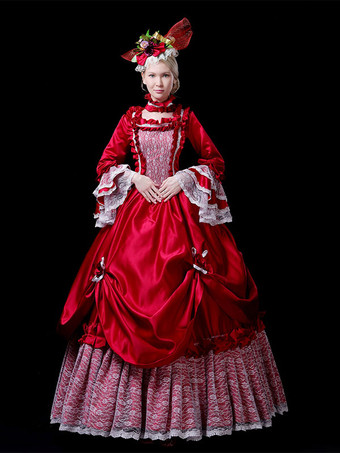 レッドレトロコスチュームレースポリエステルドレス女性のヴィンテージチュニックマリーアントワネット衣装 18 世紀の衣装