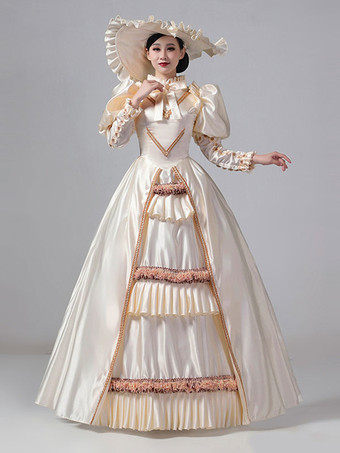 シャンパンカラーダークネイビーレトロコスチュームフリルポリエステルドレスマリーアントワネット衣装女性のロイヤルチュニックヴィンテージ服