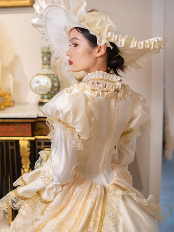 シャンパンレトロコスチューム女性用マリーアントワネットコスチュームレースフリルポリエステルチュニックドレスチョーカーヴィンテージ18世紀コスチューム