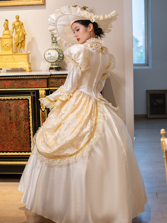 シャンパンレトロコスチューム女性用マリーアントワネットコスチュームレースフリルポリエステルチュニックドレスチョーカーヴィンテージ18世紀コスチューム