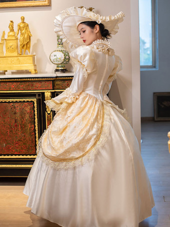 シャンパンレトロコスチューム女性用マリーアントワネットコスチュームレースフリルポリエステルチュニックドレスチョーカーヴィンテージ18世紀コスチューム