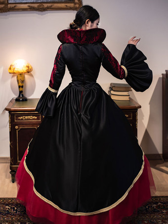 ブルゴーニュレトロコスチューム女性のレースポリエステルチュニックドレスロイヤルマリーアントワネット衣装仮面舞踏会夜会服 バーガンディ