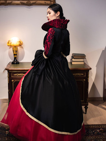 ブルゴーニュレトロコスチューム女性のレースポリエステルチュニックドレスロイヤルマリーアントワネット衣装仮面舞踏会夜会服 バーガンディ