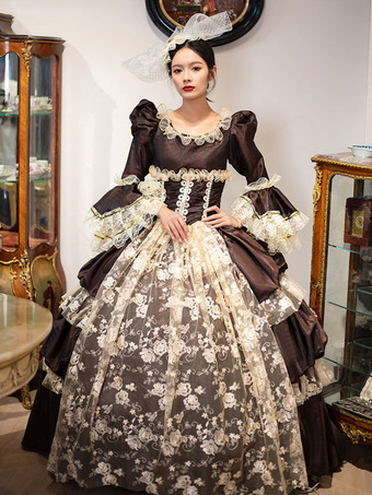 ディープブラウンレトロ衣装レースポリエステル帽子女性のヴィンテージマリーアントワネット衣装チュニック仮装夜会服