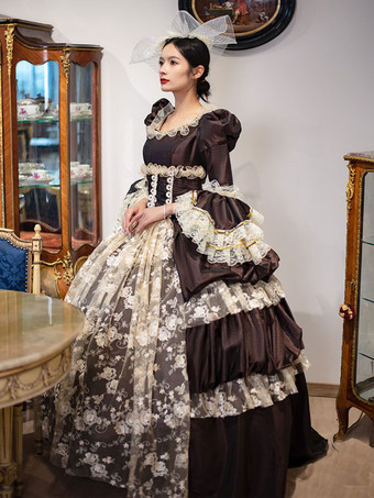 ディープブラウンレトロ衣装レースポリエステル帽子女性のヴィンテージマリーアントワネット衣装チュニック仮装夜会服