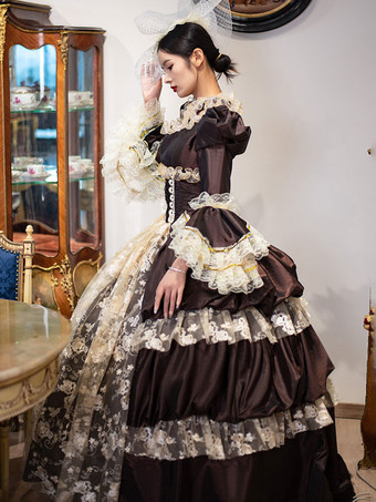 ディープブラウンレトロ衣装レースポリエステル帽子女性のヴィンテージマリーアントワネット衣装チュニック仮装夜会服