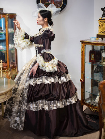 ディープブラウンレトロ衣装レースポリエステル帽子女性のヴィンテージマリーアントワネット衣装チュニック仮装夜会服