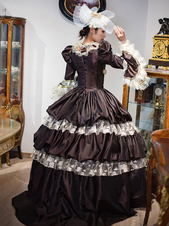 ディープブラウンレトロ衣装レースポリエステル帽子女性のヴィンテージマリーアントワネット衣装チュニック仮装夜会服