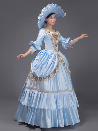 ライトスカイブルーレトロ衣装レースポリエステル帽子女性のマリーアントワネット衣装ロイヤルチュニック仮面舞踏会ボールガウン