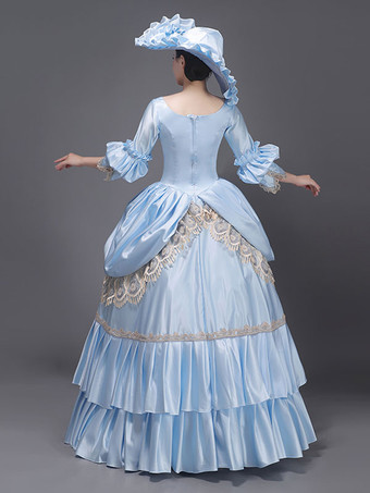 ライトスカイブルーレトロ衣装レースポリエステル帽子女性のマリーアントワネット衣装ロイヤルチュニック仮面舞踏会ボールガウン