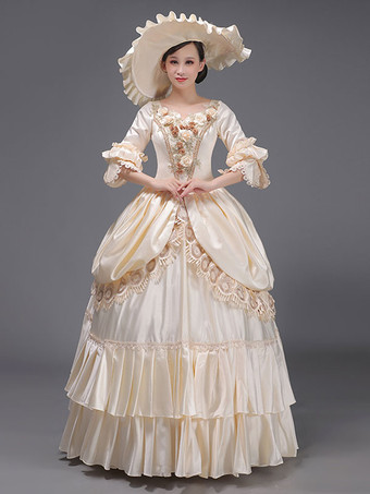 シャンパンカラーライトスカイブルーレトロ衣装レースポリエステル帽子女性のマリーアントワネット衣装ロイヤルチュニック仮面舞踏会ボールガウン