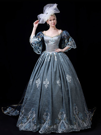 スレートグレー フクシャピンクレトロコスチューム刺繍ポリエステルドレスマリーアントワネット衣装女性のロイヤルチュニックパーティーウエディングドレス