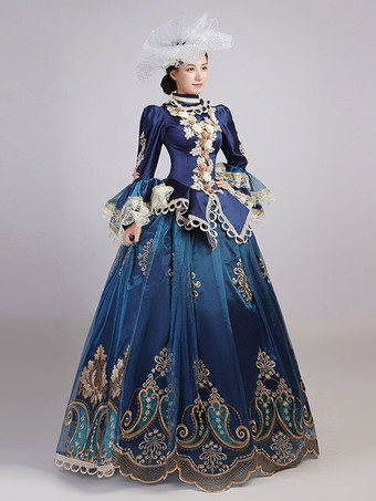 ブルーレトロコスチューム女性のレースフリルポリエステルチュニック帽子ドレスマリーアントワネット衣装ロイヤルパーティーウエディングドレス