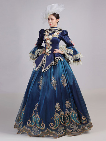 ブルーレトロコスチューム女性のレースフリルポリエステルチュニック帽子ドレスマリーアントワネット衣装ロイヤルパーティーウエディングドレス