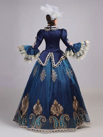 ブルーレトロコスチューム女性のレースフリルポリエステルチュニック帽子ドレスマリーアントワネット衣装ロイヤルパーティーウエディングドレス