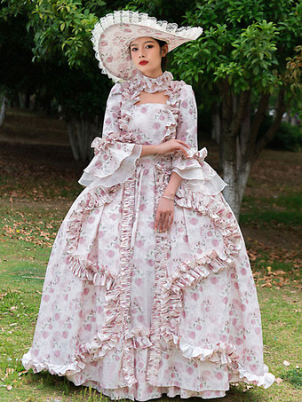 ピンクのレトロな衣装フリルポリエステル花柄帽子マリー・アントワネット衣装女性のヴィンテージチュニック 18 世紀衣装