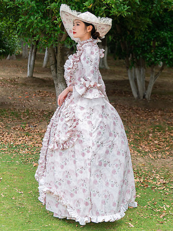 ピンクのレトロな衣装フリルポリエステル花柄帽子マリー・アントワネット衣装女性のヴィンテージチュニック 18 世紀衣装