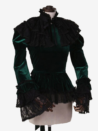ダークグリーンのレトロチューダーシャツコスチューム、リボン付きレディースロイヤルトップ、マリーアントワネットコスチューム、パーティープロムブラウス